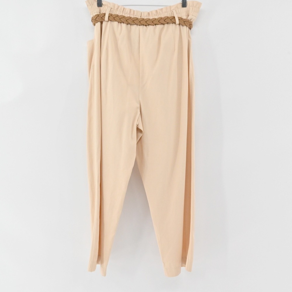Zara Belted Tapered Pants Womens Size XL Beige Cotton Boho Hippie Paperbag Waist - Picture 2 of 10